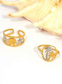 Frminee 1pc/2pcs Summer Retro Shell Starfish Coconut Tree 18k Gold Stainless Steel Ring, Suitable For Daily Vacation Party Wear, Spring And Summer Beach Wear, Waterproof - Multicolor - View 8
