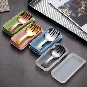 Stainless Steel Portable Cutlery Set, Spoon And Fork, Outdoor Travel Picnic Box, Random Color,School Supplies