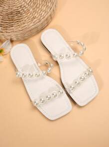 Latest Spring/Summer Women Plus Size Casual Flat Slippers, Pearl Transparent Crystal TPU, Comfortable Holiday Casual Sandals, Multi-Functional Lightweight - White - View 4