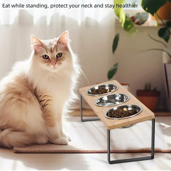 Alimentador de gato de aço inoxidável elevado com suporte de bambu, antiderrapante, tigela para três animais de estimação para gatos e pequenos animais de estimação