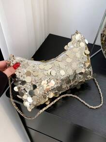 1 chiếc túi xách tay đính sequin có khóa kéo, kiểu dáng mùa hè mới, túi đeo vai dự tiệc/buổi tối dung tích lớn, túi đeo vai thời trang có dây xích, phù hợp cho phụ nữ đi chơi, đi nghỉ mát, dự tiệc, tiệc chiêu đãi. - Vàng - Xem 9