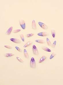 24 件法式紫色假指甲 3D 花朵按压指甲波尔卡圆点指甲艺术短杏仁形按压指甲美甲套装包括 1 片粘合标签和 1 个迷你锉刀，非常适合日常佩戴美甲用品 - 彩色 - 查看 3