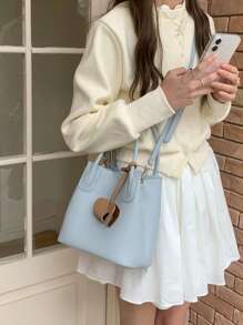 2025 春季韩国小众编织水桶托特包，通勤单肩斜挎包 - 藍色 - 查看 3