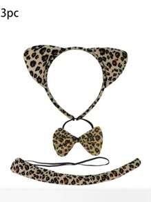 3pcs Cute Leopard Cat Costume Set With Ears, Tail And Bow, Perfect For Holiday Parties And Theme Party Cosplay - Multicolor - View 6
