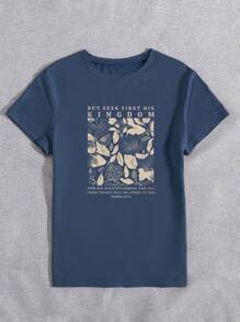 Camiseta Casual de Manga Curta com Estampa Combinada de Alfabeto Floral para Verão