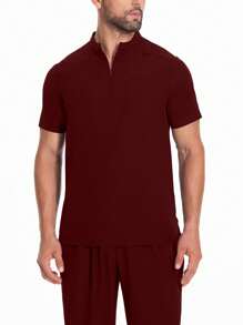 Uniforme de trabajo de manga corta para hombres, bata de laboratorio, túnica para veterinaria/peluquería de mascotas con bolsillo, conjunto transpirable - Rojo - Ver 5
