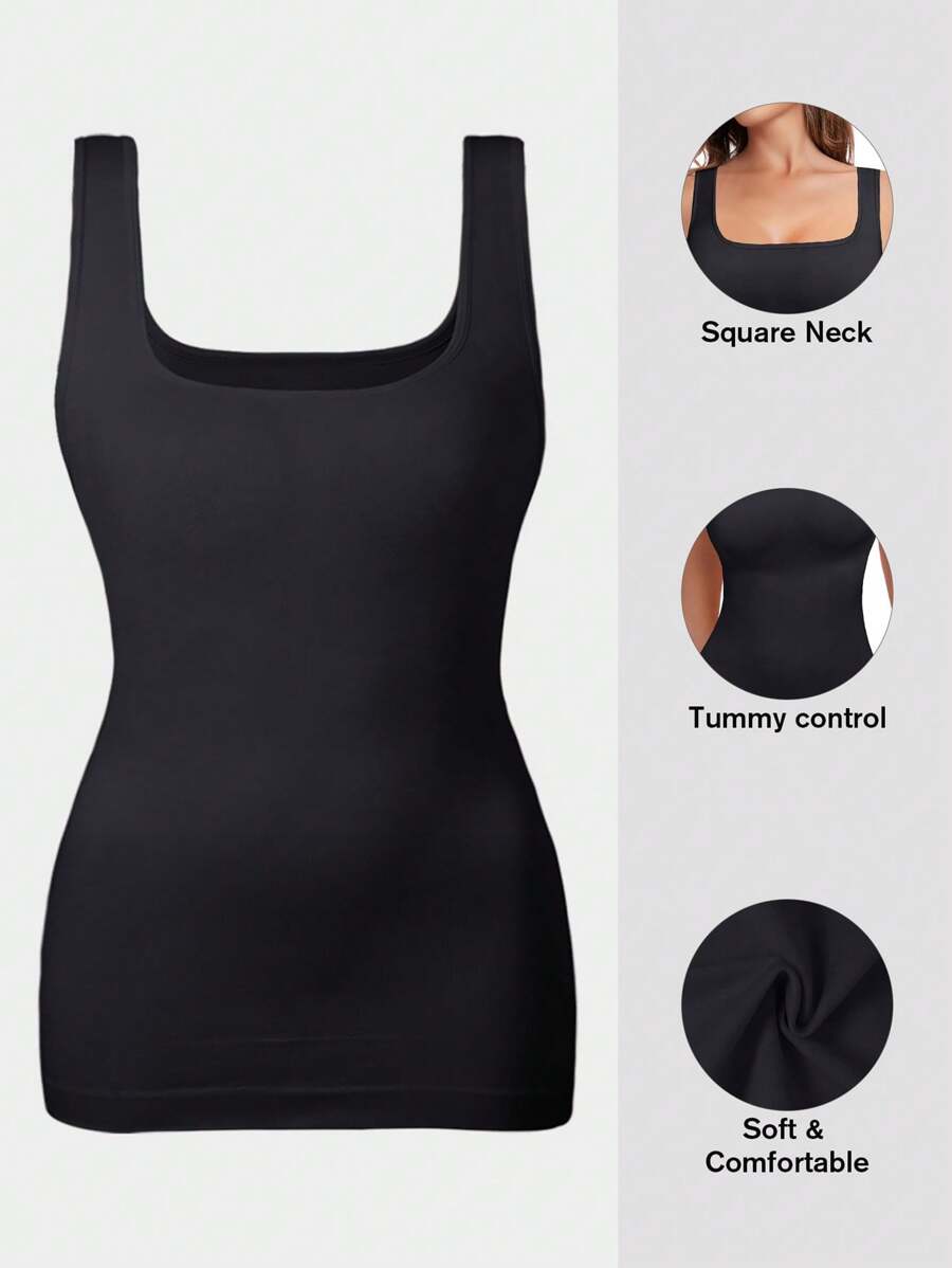 VVX Women Tummy Control Shapewear Tank Tops Seamless Square Neck Compression Tops Slimming Body Shaper Camisole - Black - View 1