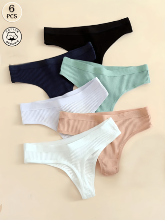 6pcs Women's Solid Color Minimalist Breathable Ribbed Thong Panties