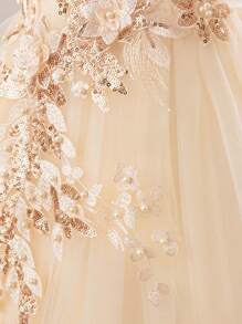 Girls Flower Embroidery One Shoulder Wedding Flower Girl Long Dress - Champagne - View 8