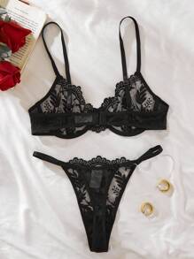 Nuevo conjunto de sujetador inalámbrico de encaje con bordado floral para primavera/verano, sujetador transparente sexy con aro, conjunto de 2 piezas de ropa interior y bragas, decoración íntima romántica para el dormitorio de la pareja