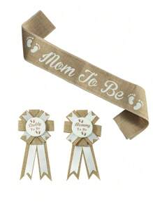 3 件/套中性麻布准妈妈腰带准爸爸准妈妈别针婴儿送礼会装饰品，质朴的波西米亚风准妈妈腰带婴儿送礼会胸花别针套装适合孕妇妈妈礼物派对装饰品婴儿送礼会家庭装饰品礼物 - 卡其色 - 查看 7