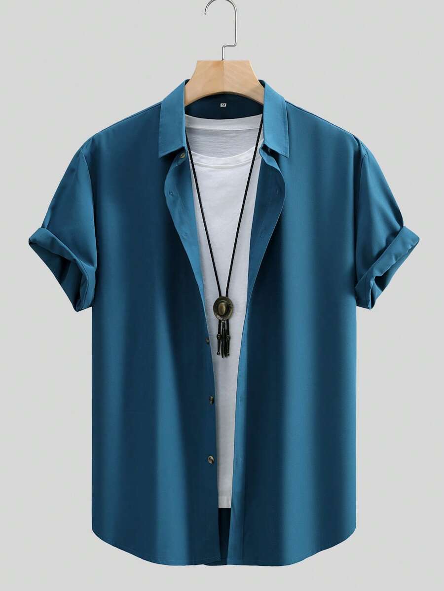 Men's Solid Color Business Casual Short Sleeve Shirt - Royal Blue - View 1