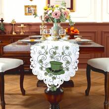 春季刺绣三叶草爱尔兰三叶草和妖精帽子桌旗餐垫，装饰性春季餐桌装饰，适用于厨房餐厅、室内室外晚宴装饰，理想的礼物