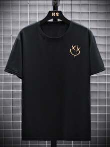 Plus Size Men's Letter & Figure Print Round Neck Lightweight Loose Casual Short Sleeve T-Shirt - Black - View 3