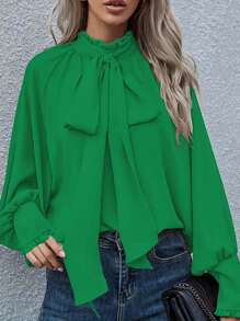 Women's Elegant Solid Color Ruffle Trim Lantern Sleeve Loose Blouse, Suitable For Daily, Office, Commute Wear - Green - View 4