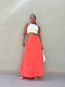 Plain Long Skirt (Crepe Servilha) - 橘色 - 查看 4