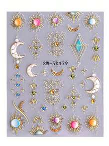 5D Metallic Bohemian Embossed Nail Stickers 2pcs Iridescent Gold Sun Gemstone Graphic Lace Enamel Necklace Moon Design DIY Holographic Engraving Self-Adhesive Gel Polish Decals Sliders Nail Art Decoration Salon Manicure Nail Supplies