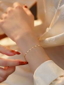 1pc Fashion Minimalist Gold-Tone Stainless Steel Lip Chain Bracelet, Luxury Women Accessory - Multicolor - View 5