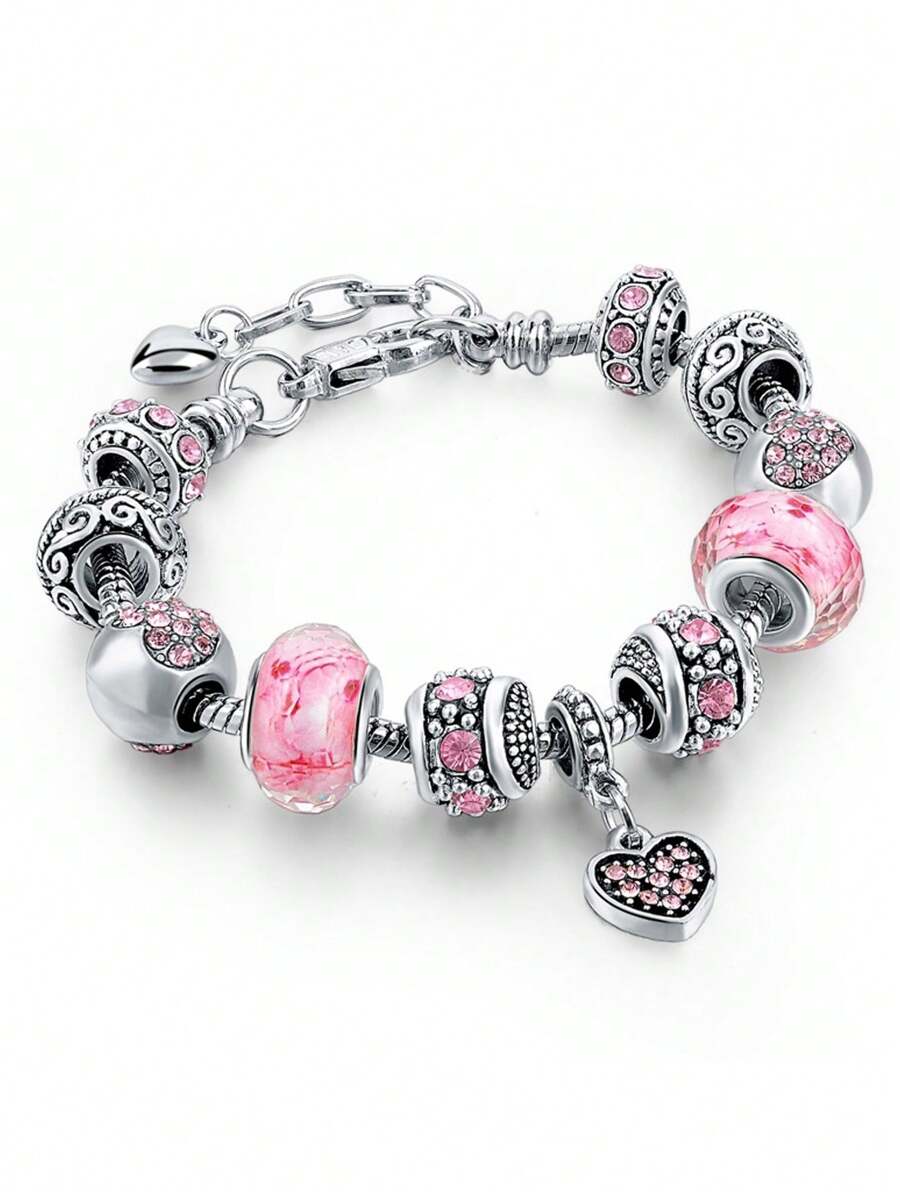 1 件粉色心形吊坠手链复古波西米亚风格女士手链，锌合金串珠饰物，带粉色心形吊坠，可调节蛇链，适合日常佩戴和送礼 - 手鍊 - 查看 1