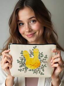 1 件复活节兔子和格子字母亚麻印花化妆包，可爱旅行化妆包和多功能零钱包，女性必备轻便礼物