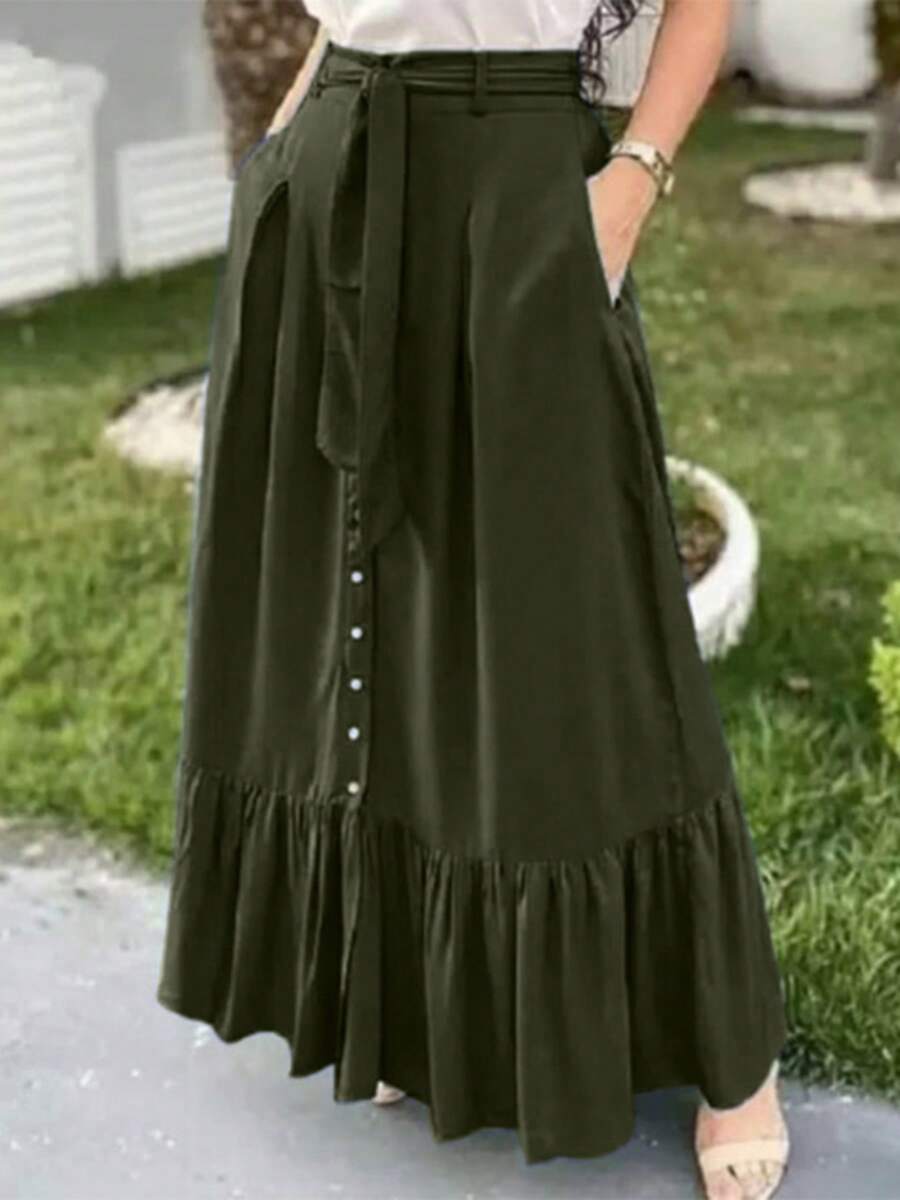ZANZEA Fashion Women Elastic Waist Summer Party Casual Loose Ruffles A Line Long Skirt - 軍綠色 - 查看 1