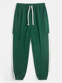 Minimalist Loose Fit Side Stripe Drawstring Pockets Casual Sweatpants, Comfortable & Versatile - Dark Green - View 1