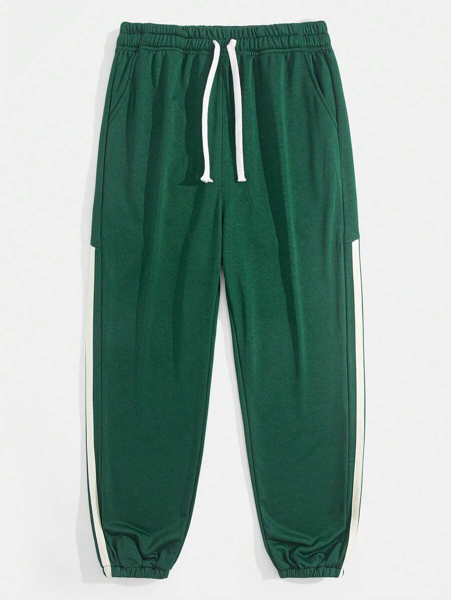 Minimalist Loose Fit Side Stripe Drawstring Pockets Casual Sweatpants, Comfortable & Versatile - Dark Green - View 1