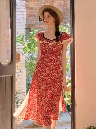 Simple Retro Ladies' Spring/Summer Color-Block Floral Print Ruffled V-Neck Elegant Retro Fit-And-Flare Midi Dress For And Western Markets