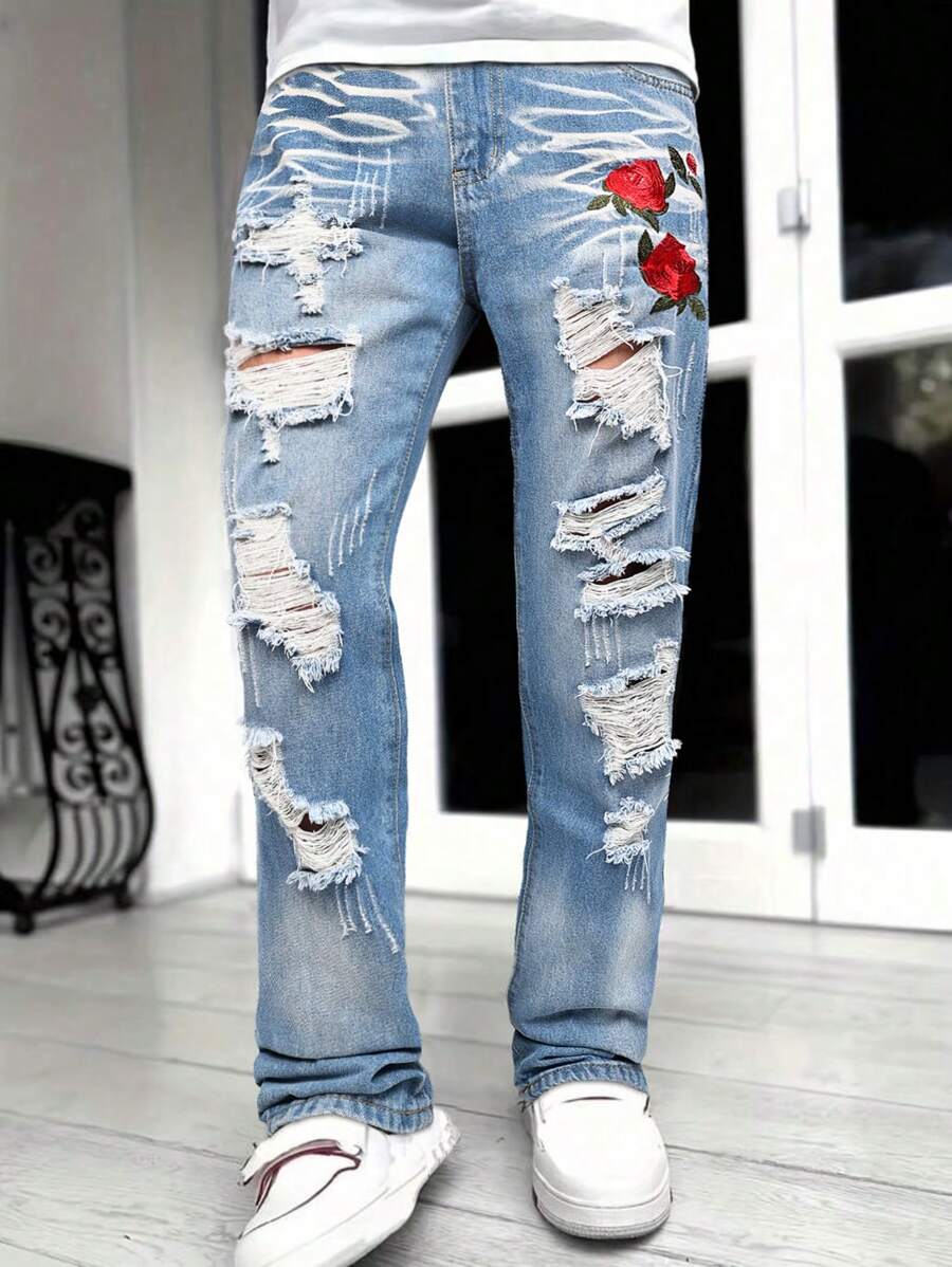 Men's Fashion Casual Outdoor Activities Versatile Rose Embroidery Washed Light Color Jeans - Blue - View 1