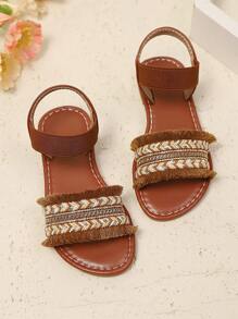 1 par de sandálias coloridas plus size estilo romano com borlas e tiras trançadas para crianças pequenas, com elástico na parte traseira, bico redondo, sandálias de praia confortáveis e fofas, adequadas para meninos e meninas de 3 a 12 anos, férias, casual, ao ar livre, festa, primavera/verão 2025