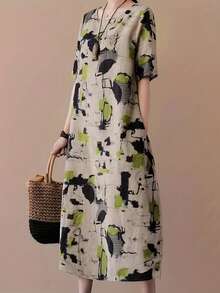 Summer Outfits For Women Elegant Casual Chic MIDI Skirt With Bright Abstract Print - Short Sleeve, Round Neck, Machine Washable, Perfect For Spring, Summer And Fall Events