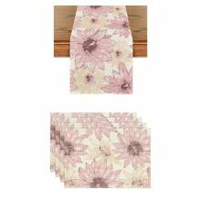 1pc/1set Sunflower Pattern Linen Placemats, Tablecloth And Table Runner Set, 12"X18"/13"X72" Seasonal Kitchen Dining Table Decor, Party & Home Decoration - Multicolor - View 12