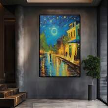 Oil Painting A Rainy Night Street Scene. Large Wooden Framed Wall Painting Artist Home Decoration Oil Painting - Bedroom, Bathroom, Living Room, Office, Kitchen, Christmas Gifts - 1 Piece - Multicolor - View 2