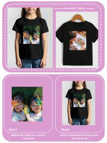 Customized Personalized Printing, Custom Photo Printing, Girls Kids T-Shirt Customization, Customize Your Selfie/Family/Friends/Pet Photos, Birthday/Anniversary/Holiday Pattern Customization, Team Uniforms/Outdoor Wear/Class Uniforms/Sports Jerseys Customization, Personalized Girls Kids Black Short Sleeve Round Neck T-Shirt Customization, Holiday Gifts, Gifts For Best Friends, Custom Birthday Gifts
