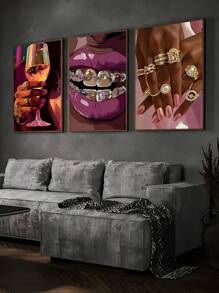 3pcs Set Modern Pink African Woman & Golden Jewelry Canvas Wall Art Prints, Bedroom Wall Art, Living Room Wall Decor, Dining Room Wall Decoration, Kitchen Decorative, Study Room, Corridor, Dormitory Decoration, Ideal Gift For Friends, Wall Arts, Wall Decoration, Home Decoration, Room Decoration Canvas Painting ,Posters,Frameless ﻿ ﻿ ﻿ ﻿ ﻿ ﻿ Gifts Birthday Graduation