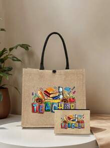 Bolso de mano de lino con estampado de patrones temáticos de maestros, bolso grande con bolso pequeño, con diseños de colores contrastantes que presentan patrones de útiles escolares, libros y artículos de papelería