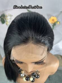 22 英寸合成长直蕾丝前假发，黑色预切 4x1 T 部分蕾丝，180% 密度，耐热高温纤维发丝，蕾丝假发基础系列 - 黑色 - 查看 9