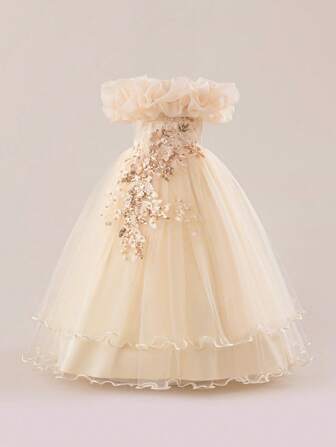 Girls Flower Embroidery One Shoulder Wedding Flower Girl Long Dress