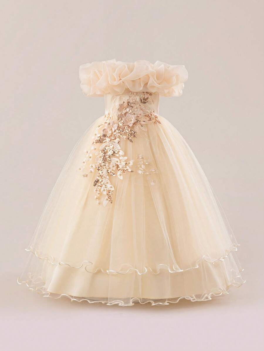 Girls Flower Embroidery One Shoulder Wedding Flower Girl Long Dress - Champagne - View 1