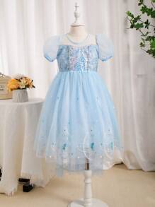 新款舞会派对儿童连衣裙5-9岁蓝色女童公主裙童话冰雪公主裙公主风薄纱连衣裙泡泡袖亮片蓬蓬裙婚礼花童儿童梦幻公主装 - 藍色 - 查看 3