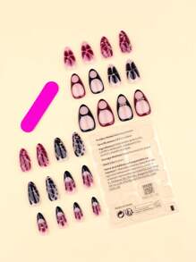 24 件法式黑色按压指甲花朵假指甲闪亮指甲艺术裂纹假指甲短杏仁形指甲美甲套装包括 1 片粘合片和 1 个迷你锉刀，非常适合日常佩戴美甲用品