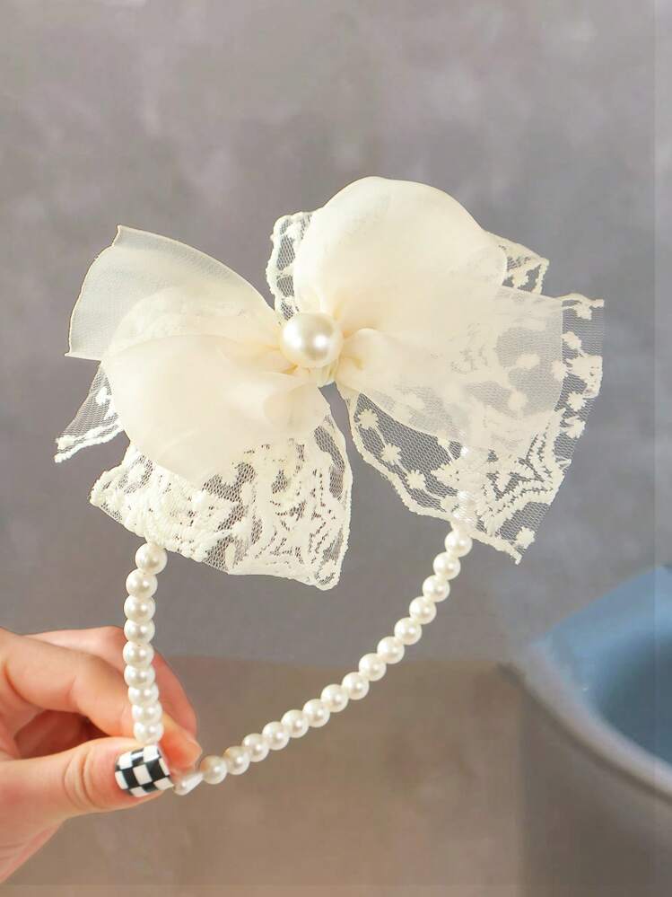 قطعة واحدة من شريط الشعر الماسك للفتيات مزين بالدانتيل واللؤلؤ والفيونكة - بيج - مشاهدة 2