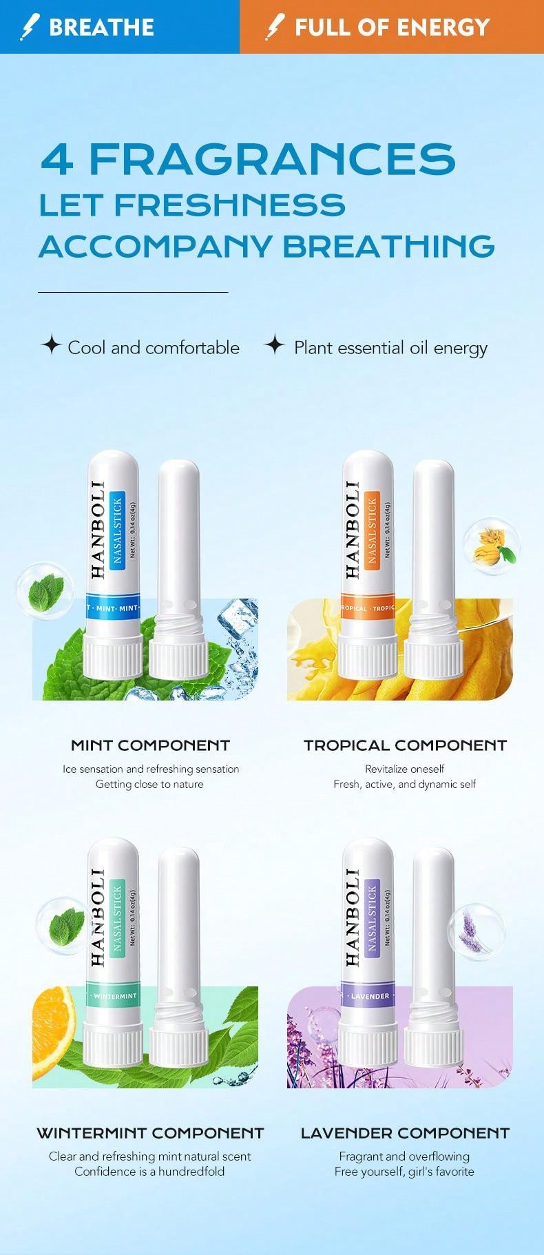 Nasal Stick (4 Pack) | Vapor Flow Technology | Better Breathing + Natural Focus | Cool Refreshing Sensation | Premium Essential Oils + Menthol Inhaler