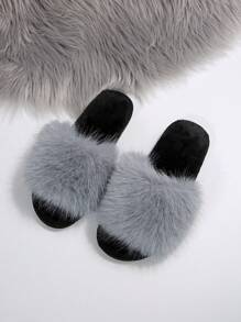 Elegant Grey Faux Fur Ladies' House Slippers, Comfortable & Fashionable Indoor Slippers, Non-Slip House Shoes