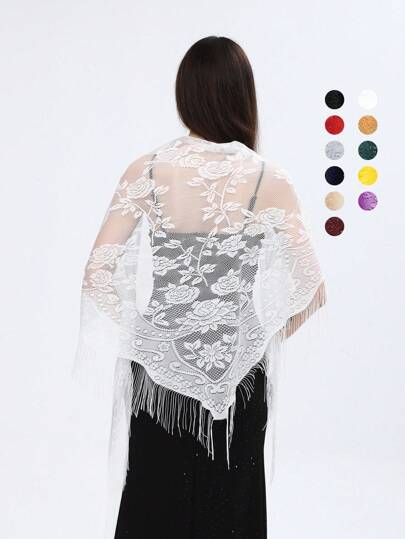 1 pieza Bufanda/Chal triangular de mujer de unicolor con encaje, rosa, flecos, diseño elegante y de moda, transpirable, pañuelo para el cuello para vestir