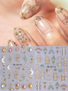 5D Metallic Bohemian Embossed Nail Stickers 2pcs Iridescent Gold Sun Gemstone Graphic Lace Enamel Necklace Moon Design DIY Holographic Engraving Self-Adhesive Gel Polish Decals Sliders Nail Art Decoration Salon Manicure Nail Supplies