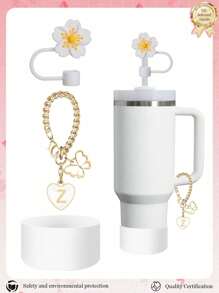 3pcs Accessories Designed For 30-40oz Cups, Pink Letter Cup Marker & Silicone Hibiscus Flower Straw Caps, , Reusable Straw Caps For 10mm Large Diameter Straws, Cute LetterStanley AccessorySelf-Adhesive Chenille Letter,Cup Accessories.Compatible With Stanley Backto School /Beach Essentials