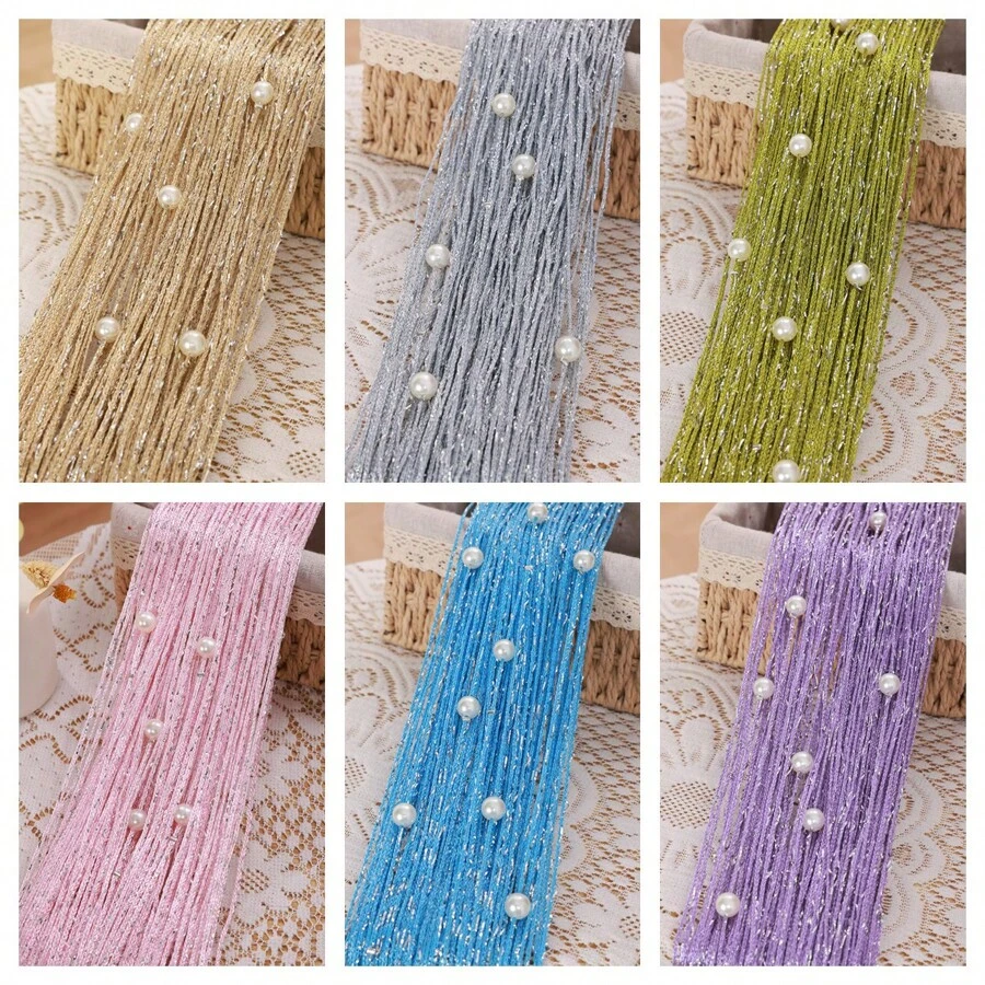 1 件银线串珠窗帘，客厅或卧室隔断装饰门帘，无需钻孔 - 粉色 - 查看 1