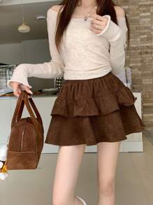 Corduroy Skirt With Tiered Ruffle Design - 咖啡棕 - 查看 5