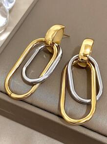 1Pair Double Circle Square Earrings Golden Dangle Earrings For Women Stainless Steel Earrings For Daily Party Birthday Christmas Jewelry Gifts
